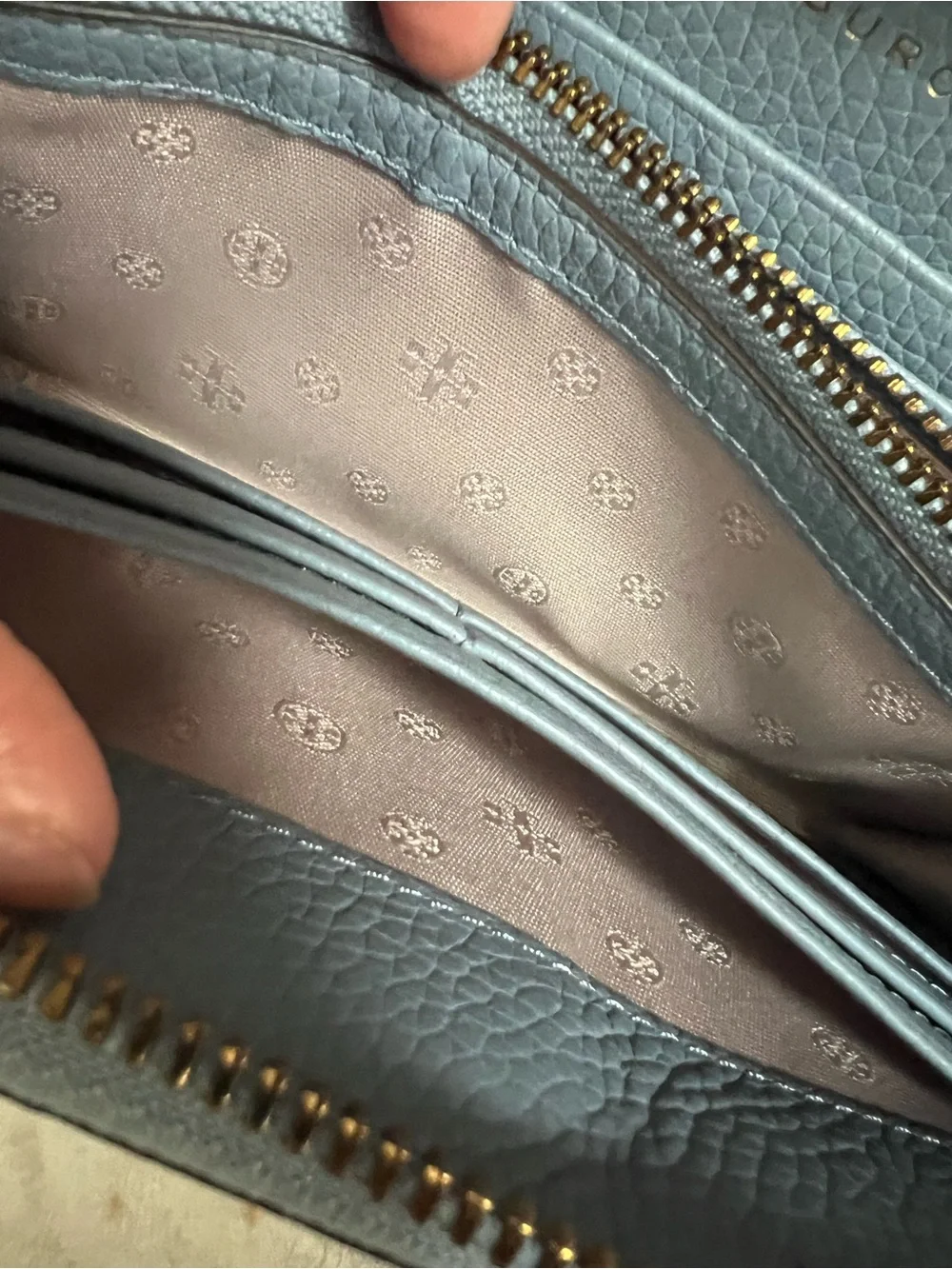 Tory Burch Steel Blue Pebbled Leather Zip Wallet with Gold Logo